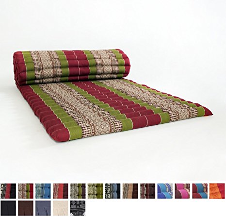 Roll Up Thai Mattress, 79x30x2 inches, Kapok Fabric, Green Red