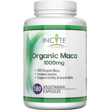 Organic Maca root 180 vegetarian capsules 1000mg MONEY BACK GUARANTEE - not powder, oil or tablets - Health Benefits Include increased fertility and helps with menopause, Vegan Maca helps both men & women.