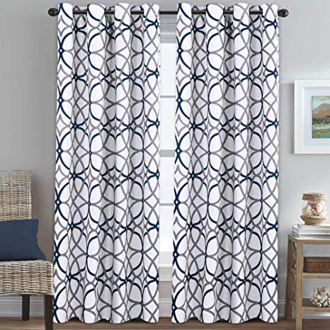 H.VERSAILTEX Blackout Room Darkening Extra Long Curtains 108 Inches Geo Pattern Dark Denim and Grey Grommet Top Thermal Insulated Window Treatment Drapes for Patio/Living Room/Kids Room, 1 Pair