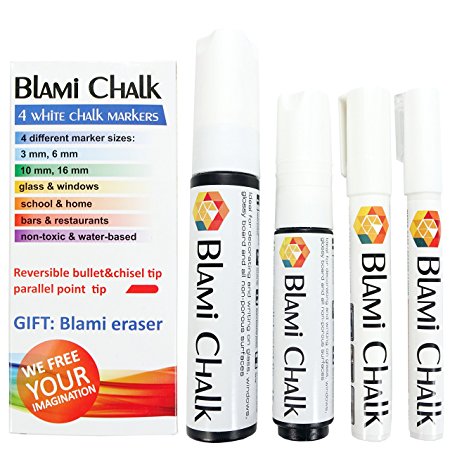 Blami Arts 4 White Chalk Markers with 16mm and 10mm JUMBO Tips and 6mm and 3mm Reversible FINE Tips – Bonus Blami Eraser included - Liquid paint pens set for menu board bistros and glass windows