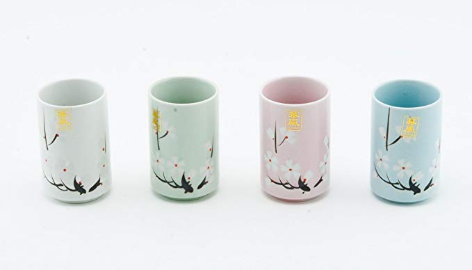 Japanese Tea Cups Quality Ceramic Set of 4 Cherry Blossom Sakura Design Assorted Colors Four Season Decorative Sushi Teacups Gift Pack
