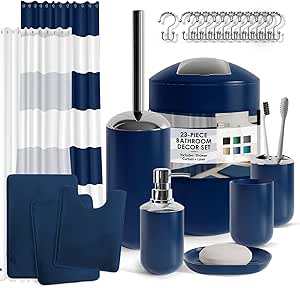 Nestl Bathroom Set - Navy Bathroom Accessories Set, Bathroom Sets with Shower Curtain and Rugs, 23PC Shower Curtain Set with Liner, Soap Dispenser, Soap Dish, Toilet Brush Holder, and Trash Can