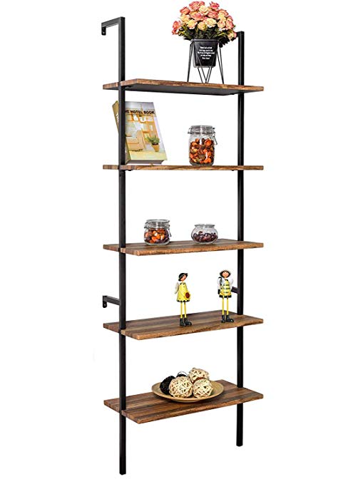 IRONCK Industrial Ladder Shelf Bookcase 5 Tier, Wood Shelves Wall Mounted,Stable, Expand Space Bookshelf, Retro Wall Decor Furniture for Living Room, Kitchen, Bar Storage