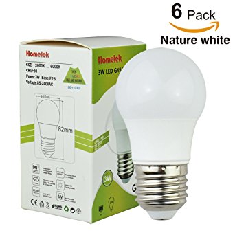 (6 Pack) Homelek 3 W LED Light Bulbs, Equivalent to 25W, E26 Base, G45/G14 Bulb, 300 lumens, Natural White 4000 Kelvin,Best for Bedrooms and Living Rooms