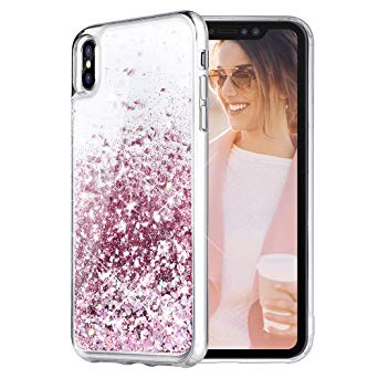 Caka iPhone Xs Max Case, iPhone Xs Max Glitter Case [with Tempered Glass Screen Protector] Bling Flowing Floating Luxury Glitter Sparkle TPU Bumper Liquid Case for iPhone Xs Max (6.5") - (Rose Gold)