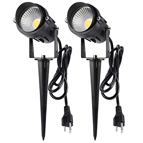 LCARED Outdoor Landscape Lighting 10W,120V AC,Warm White Waterproof LED Landscape Lights for Yard,Patio,Lawn, Wall, Flood,Driveway,Tree Lighting,Metal Ground Stake (2 Packs)
