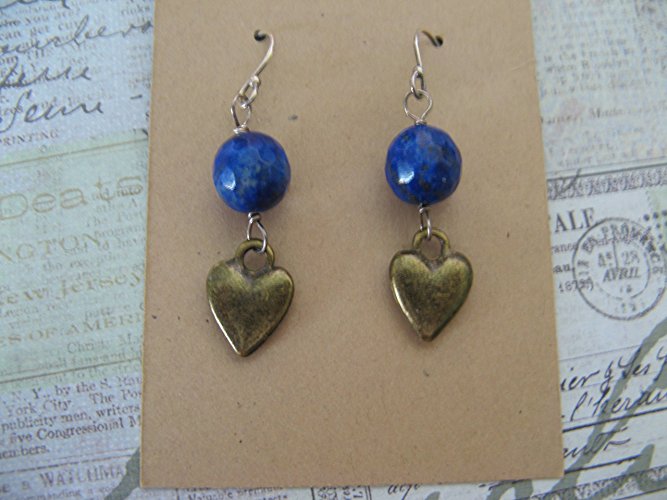 Authentic Lapis Lazuli Gemstone & Bronze Heart Sterling Silver Earrings