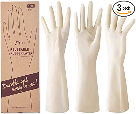 JOYECO Rubber Gloves Reusable Comfortable Latex Kitchen Gloves for Cleaning Dishwashing 3 Pairs, Large
