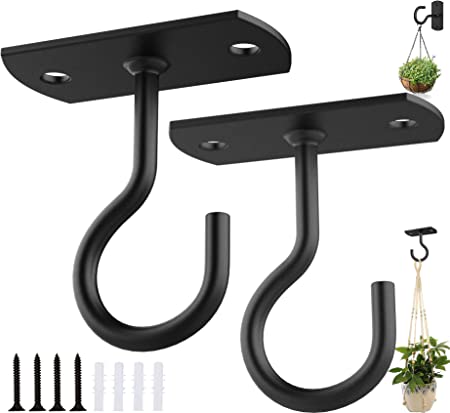 Ceiling Hooks for Hanging Plants,2Pack 2.5in Wall Mount Hangers Plant Hooks,Wall Hooks for Plants,Lights,Planters,Lanterns,Hanging Bird Feeders,Wind Chimes,indoor&Outdoor Decoration Hooks Black
