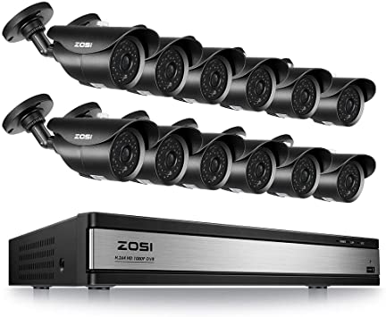 ZOSI 16CH Security Surveillance System H.265  16Channel 1080P CCTV Video DVR Recorder and 12pcs 1080P HD Weatherproof Bullet Cameras System Supports Motion Detection Remote Viewing NO Hard Drive