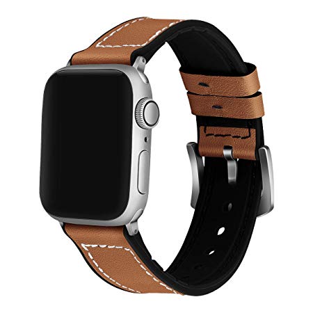 iGK Compatible with Apple Watch Band iwatch Band 38mm Men Women 40mm 42mm 44mm, Sweatproof Brown Leather and Soft Silicone Apple Watch Strap Replacement Bands for iWatch Apple Watch Series 4/3/2/1