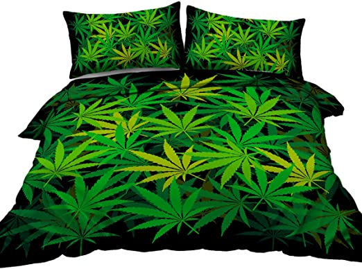 BlessLiving Cannabis Leaves Bedding Marijuana Leaf Design Duvet Cover Set 3 Piece Green Leaves on Black Bedspread for Young Boys (Full)