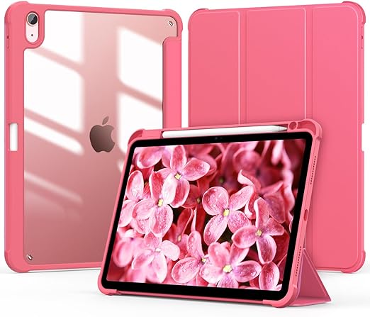 OKP for iPad Air 5th/4th Generation Case 2022/2020, iPad Air Case 5/4 Gen 10.9 inch with Pencil Holder, Auto Sleep/Wake, Slim Lightweight Trifold Folio Smart Cover for Girls Women, Clear Back Pink