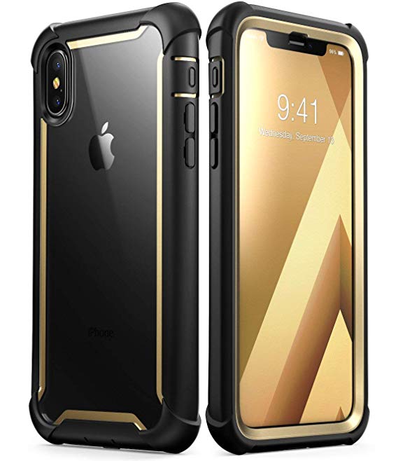 i-Blason iPhone Xs Case, iPhone X Case, [Ares] Full-Body Rugged Clear Bumper Case with Built-in Screen Protector for iPhone Xs 5.8", 2018 Release, Gold (Renewed)