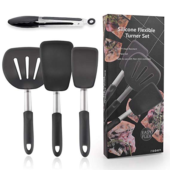 Silicone Turner Spatula Set - 600ºF Heat-Resistant Flexible Rubber Silicone Spatulas, Non-Stick Stainless Steel Cooking Utensils for Cooking Flipping Pressing Fish Pancake Eggs - 4 Pack (Black)