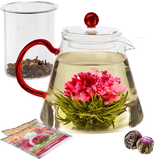 Teabloom Amore Glass Teapot Gift Set – Borosilicate Glass Teapot with Infuser – 4-6 Cups (1000 ml) – Two Flowering Teas Included