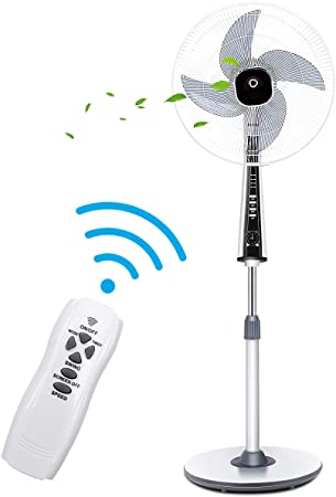 COSTWAY Pedestal Fan, 16-Inch Adjustable Height Stand Fan, 3-Speed 3 Modes, Quiet Oscillating and Tilt Fan Head with Remote Control, 7.5H Timer, LED Display, for Bedroom, Sofa Side, Dining Room, White