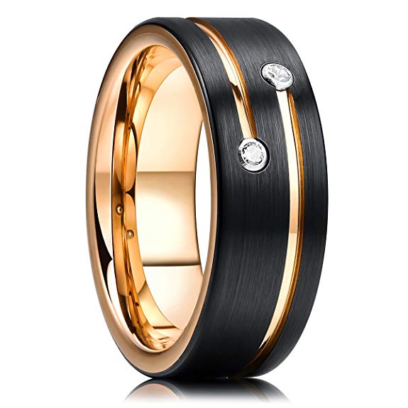 King Will GEM 8mm Mens Black Tungsten Carbide Wedding Ring Gold Plated Grooved Line Cubic Zircon Inlay