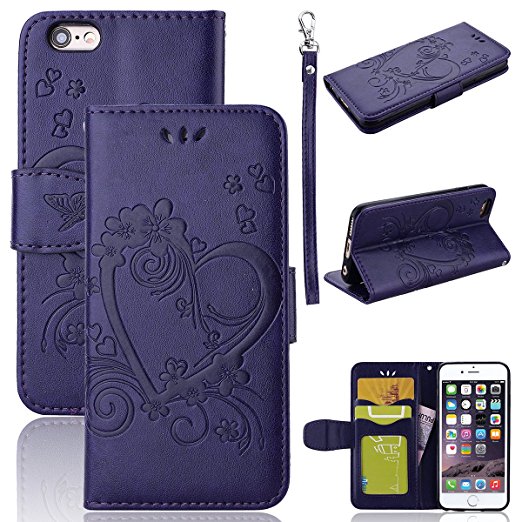 iPhone 6 6S Wallet Case 4.7", CinoCase Premium Vintage Embossed Floral Heart PU Leather Purse Wallet Case [Card Holders] Flip Folio Kickstand Book Cover with Detachable Wristlet for iPhone 6 6S Purple
