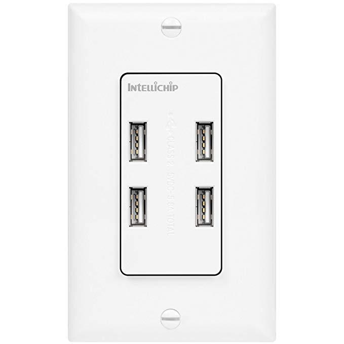 TOPGREENER 5.8A Ultra High Speed USB Quad 4-Port Wall Outlet, Compatible with iPhone 11 Pro/11/XS/MAX/XR/X/8/7, Samsung Galaxy S9/S8/S7, LG Nexus, HTC 10 & More Smartphones, UL Listed, TU458A, White