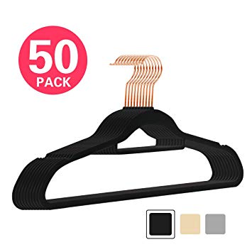 MIZGI Premium Velvet Hangers (Pack of 50) Heavyduty - Non Slip - Clothes Hangers Black - Copper/Rose Gold Hooks,Space Saving Suit Hangers with Accessory Bar