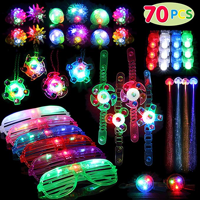 70 Pack Light Up Toys Party Favors Glow in the Dark Party Supplies for Boys Girls Kids Adults with 6 Flashing Glasses 10 Jelly Rings 4 Hand Spin Necklaces 4 Hand Spin Bracelets 40 Finger Lights and 4 Fiber Optic Hair Lights