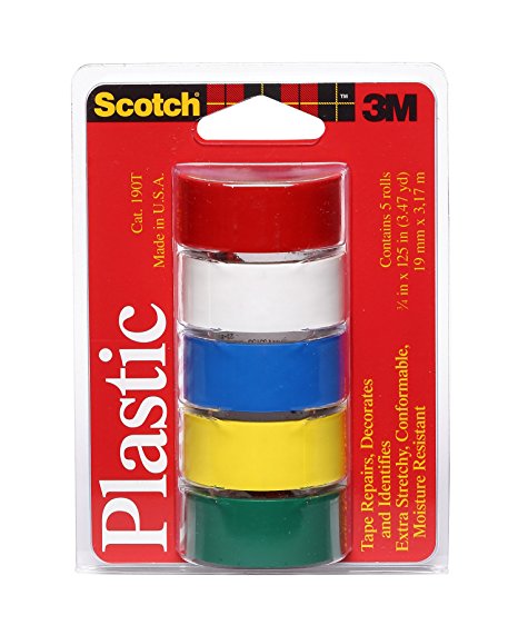 Scotch Super Thin Waterproof Vinyl Plastic Colored Tape, .75-Inch by 125-Inch, 5-Pack