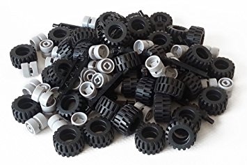 LEGO City Complete Wheel Assembly Lot, 20 Black Axles, 40 Black RUbber Tires, 40 Light Gray Wheels