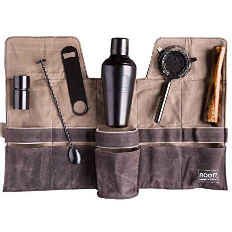 Premium Modern Titanium Coated Professional Bartender Kit, Home and Workplace Cocktail Shaker Set, 19oz Shaker, Bar Blade, Jigger, Wood Muddler, Strainer, Spoon and Wax Canvas Bag by Root7