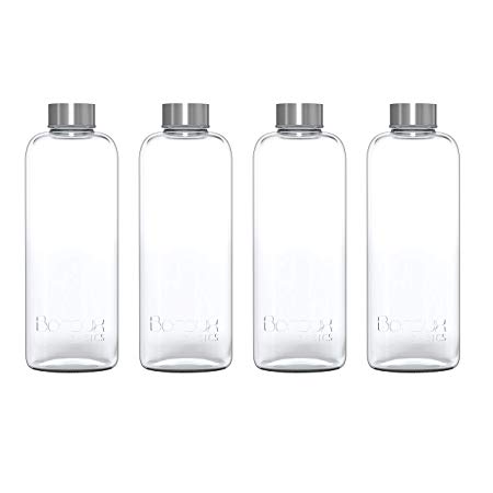 Boroux Basics 1 Liter Reusable Glass Water Bottles BPA/BPS Chemical Free, Premium Soda Lime Glass, 4 Pack of Reusable Drinking Bottles, Leak Proof Stainless Steel Cap. Great for Water, Juice,Kombucha