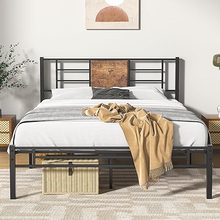 VECELO Queen Size Bed Frame with Headboard, Heavy-Duty Platform with Steel Slats Support, No Box Spring Needed/Easy Assembly, Matte Black & Brown