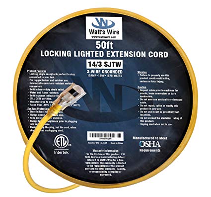 50 ft 14 Gauge Heavy Duty Indoor Outdoor SJTW Lighted Locking Extension Cord by Watts Wire - Yellow 50 foot 14 AWG Copper Lighted Grounded 14/3 Extension Cord