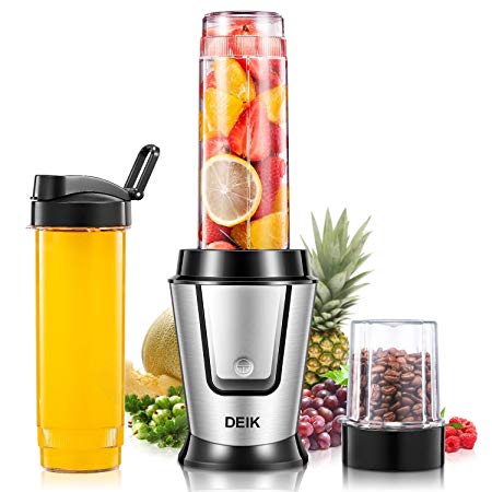 Blender, Deik Personal Blender with Grinder, Two 600ml Tritan Travel Bottle, Super-Seal Leak-Proof Lid, 4 Blades, Mini Blender for Smoothie and Juice, Stainless Steel, 500W, BPA Free, Silver