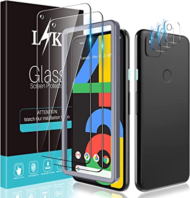 [2 3 Pack] LϟK Compatible for Google Pixel 4a 5.8 inch [Not for Pixel 4a 5G 6.2 inch], 2 Pack Tempered Glass Screen Protector   3 Pack Camera Lens Protector, HD Clear, Installation Tray - Gray