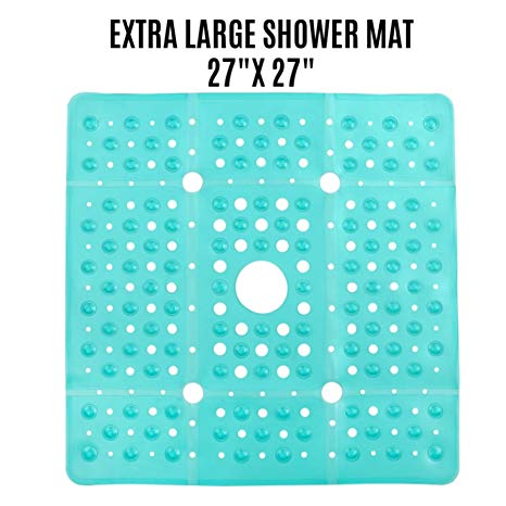 SlipX Solutions Extra Large Square Shower Mat Provides 65% More Coverage & Non-Slip Traction (27" Sides, 100 Suction Cups, Great Drainage) (Aqua)