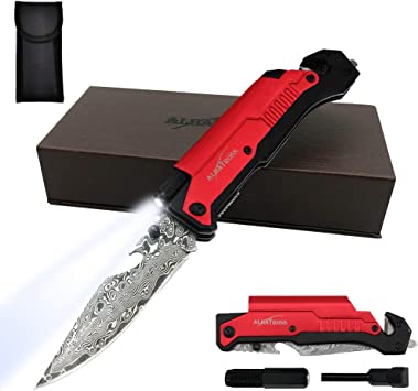 ALBATROSS 6-in-1 Modern Damascus Steel Folding Pocket Knives with LED Light,Seatbelt Cutter,Glass Breaker,Magnesium Fire Starter,Bottle Opener;Multi-Function Emergency Tool