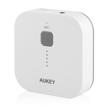 Aukey Portable Wireless Bluetooth 3.0 Audio Music Streaming Receiver with 3.5 mm Stereo Output, Hands free Calling for Car Sound system (BR-C1, White)