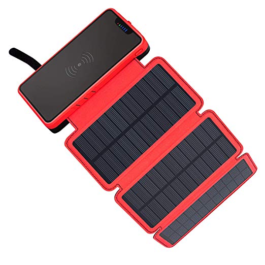 Solar Charger 20000mAh Soluser Wireless Portable Power Bank High Capacity External Battery Backup with 3 Solar Panels Emergency LED Flashlight Dual 5V/2.1A USB Ports for Smartphones
