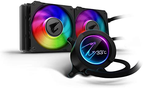 AORUS RGB AIO Liquid Cooler 240, 240mm Radiator, Dual 120mm Windforce PWM Fans, Customizable Full Color LCD Display, Advanced RGB Lighting and Control, Intel 115X/2066, AMD AM4, TR4