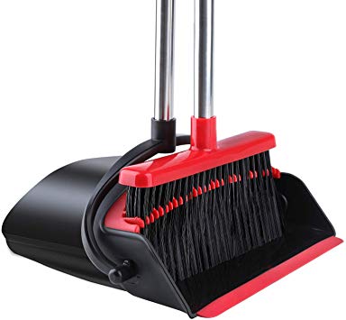 Broom and Dustpan [2019 Version] Tiumso Dust pan Broom Set with Upgrade Combo and Sturdiest Extendable Long Handle,4 Layers Bristles,Upright Standing for Home, Office, Kitchen, Lobby