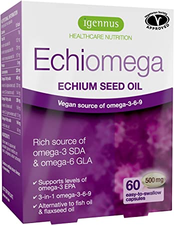 Echiomega vegetarian & vegan omega-3-6-9 capsules, echium seed oil plant-based omega-3, 60 capsules