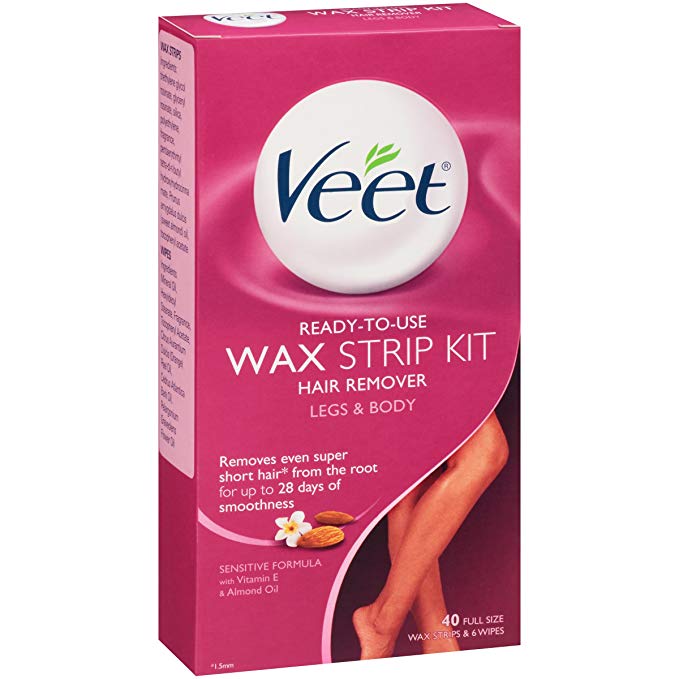 Veet, Wax Strips with Easy Gelwax, Hair Removal, Remove the Shortest Hairs, Sensitive Formula, Legs & Body, 40 Count (Packaging may Vary)