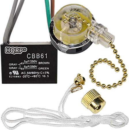 HQRP Kit Ceiling Fan Capacitor CBB61 5uf 5uf 4-Wire UL-Listed and 3-Speed Fan Switch