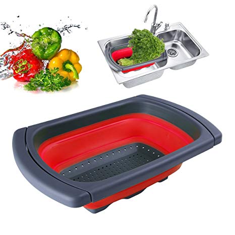 Collapsible Colander Over the Sink Kitchen Strainer Foldable Colander Silicone Filter-Red