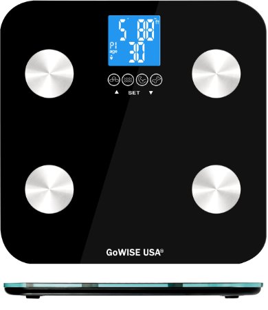 GoWISE USA Digital Body Fat Scale - FDA Approved - Measures Weight Body Fat Water and Bone Mass 400 lbs Capacity Tempered Glass Black