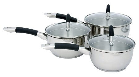 Ready Steady Cook Bistro 3 Piece Stainless Steel Saucepan Set, 16cm, 18cm and 20cm, Silver and Black
