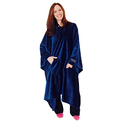 throwbee Blanket-Poncho Wearable Throw Coat for Indoors, Outdoors, Men, Women & Kids, Blue