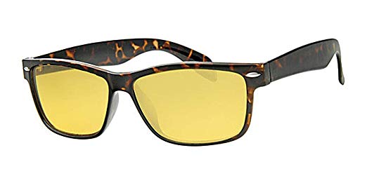 Eyewear World Night Driving Yellow Lens Glasses, Tortoise Shell Brown Frame, Free Drawstring Pouch and Yellow Neckcord, Full UV400 Protection