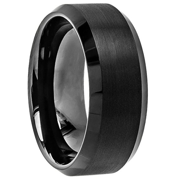 [Free Shipping] 8mm Black High Polish Beveled Tungsten Rings Carbide Men's Wedding Band in Comfort Fit and Matte Finish Sizes 6-16