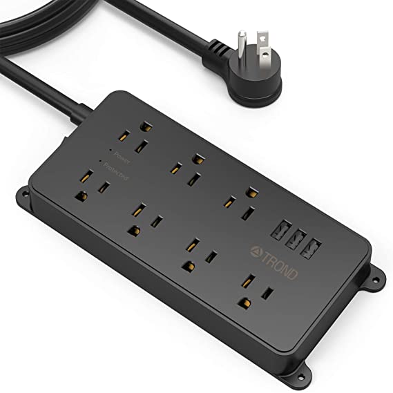 TROND Surge Protector Power Bar With 3 USB Ports, 7 Widely-Spaced Outlets, Flat Plug Power Strip, ETL Listed, 1700 Joules Surge Protection, 10-Foot Long Heavy-Duty Extension Cord, Wall Mountable, Compact TV Desk Computer, Suitable For Home, Office, Dormitory, Black